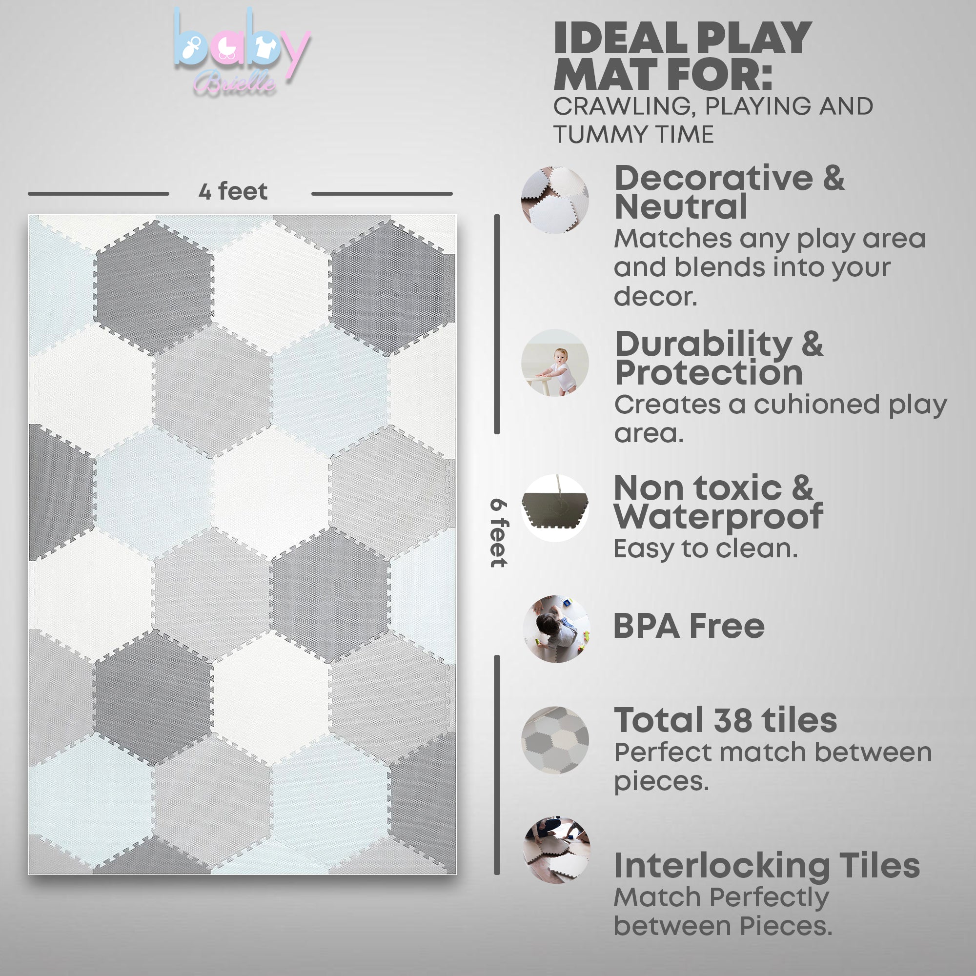 Baby Brielle Soft Extra Thick Interlocking Waterproof Non-Toxic Hexagon Foam Tile Play mat for Crawling, Playing- Puzzle Floor Mat for Babies & Toddlers- Nursery, Playroom - 48”x72”, 38 Pieces
